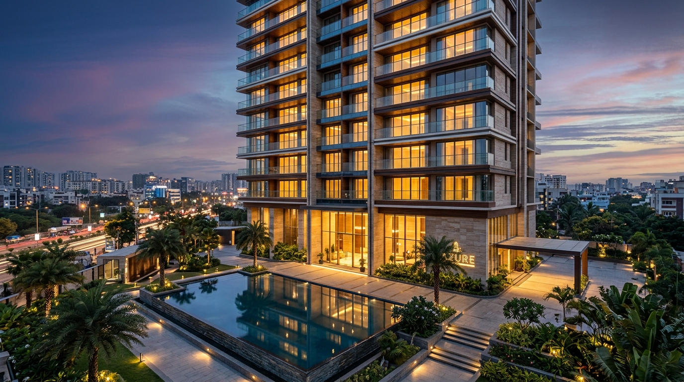 Luxury residential tower at dusk developed by Prakhar India